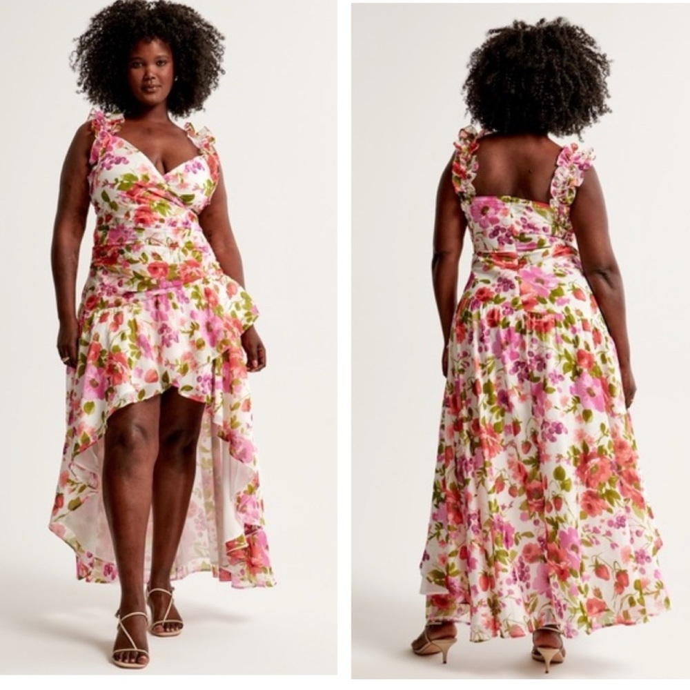 Abercrombie & Fitch Pink Floral Ruffled High-Low Maxi Dress